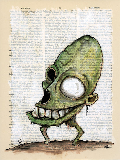 green monster artwork on vintage dictionary page original art