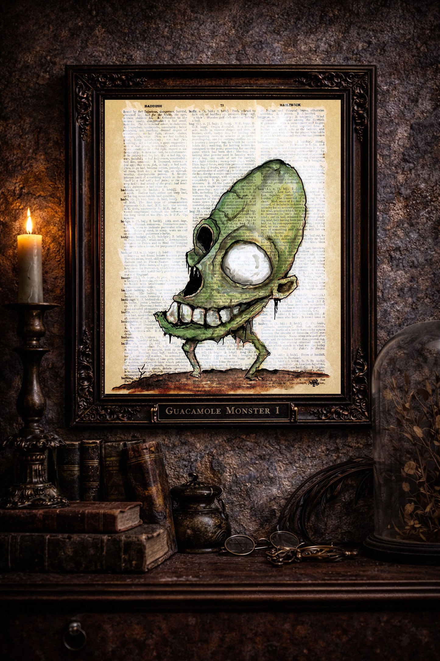 horror style monster illustration on aged dictionary paper