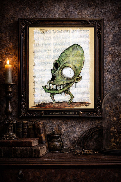 horror style monster illustration on aged dictionary paper