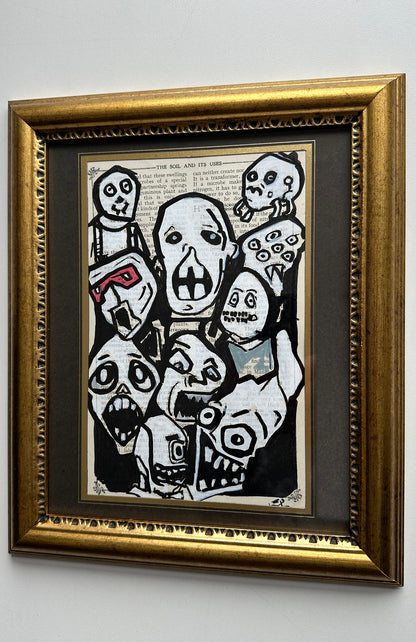 lowbrow horror art multiple faces screaming ink on vintage page