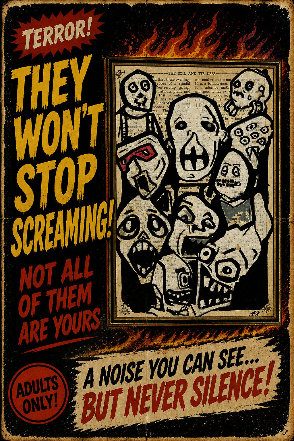 outsider art chaotic faces on antique paper framed artwork horror style