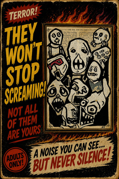 outsider art chaotic faces on antique paper framed artwork horror style