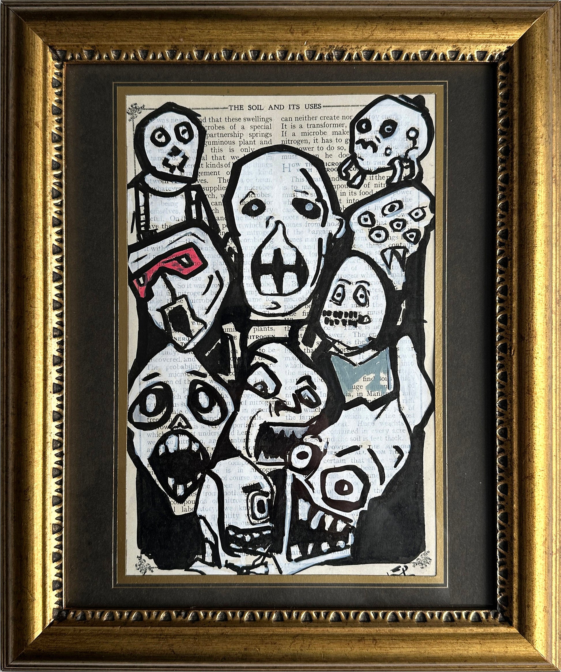 horror drawing on vintage book page screaming faces black ink style