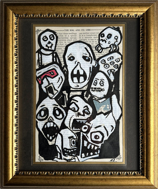 horror drawing on vintage book page screaming faces black ink style
