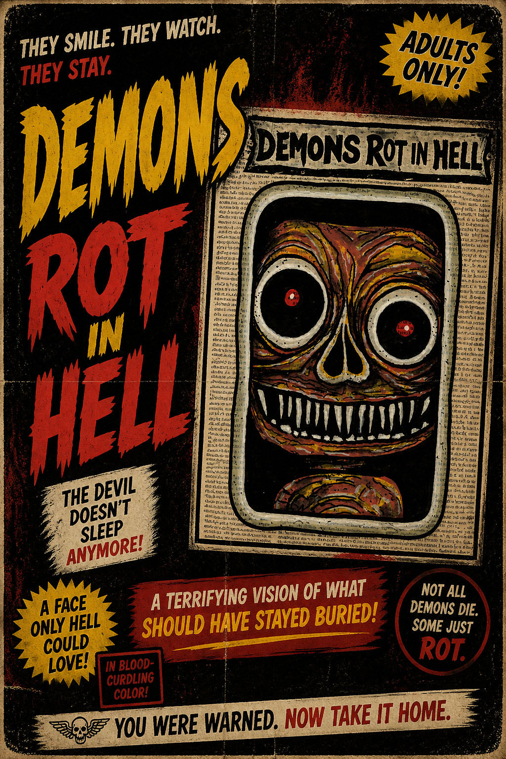 creepy cartoon demon with big eyes and teeth vintage paper art